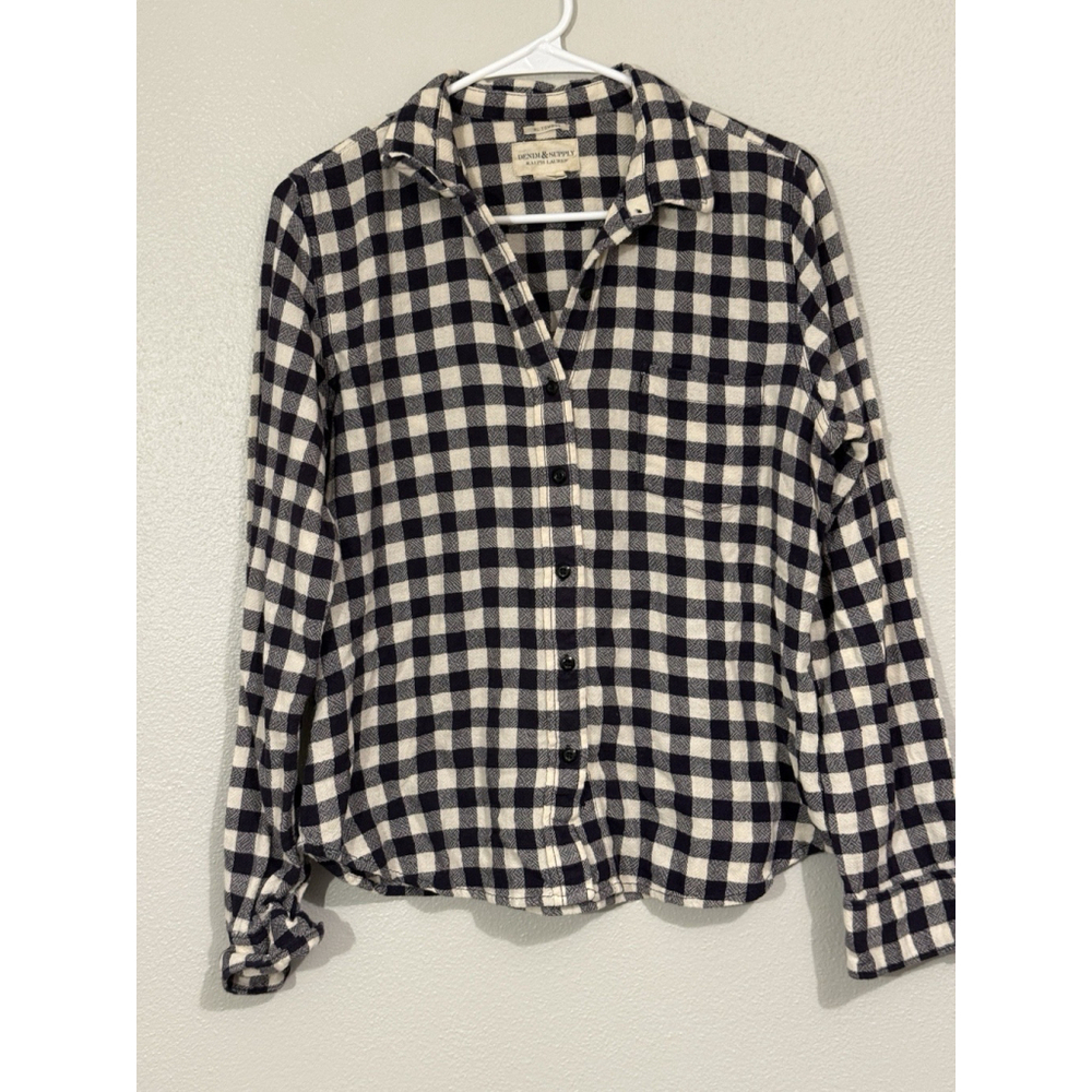 Ralph Lauren Denim & Supply Shirt Womens Black White Flannel RL Tomboy Sz Large